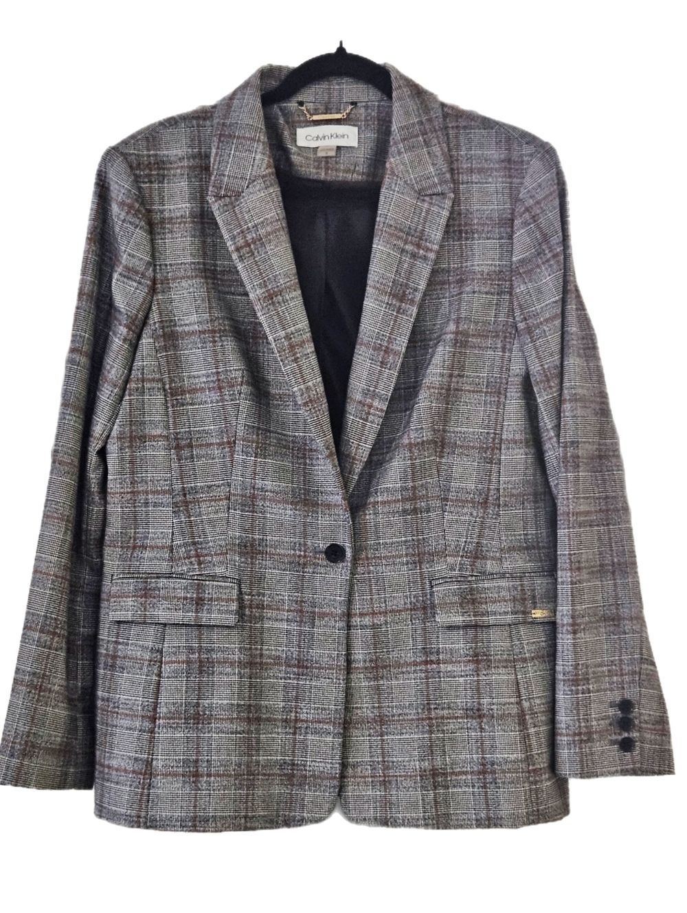 Calvin Klein Women's Plaid Menswear-Inspired Classic One Button Blazer Size 14